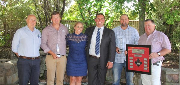 L-R Holstein Australia's Graeme Gillan, Semex's Joe Holloway, Jane Polson, Judge Murray Polson, Nick Flanagan (Oakwood Park parternship, Tocumwal) and Semex's Jim Conroy. Oakwood won the five-year-old and Supreme Champion.